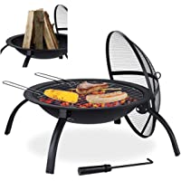 Relaxdays Brasero para jardín- Parrilla de Barbacoa- Atizador- Tapa contra chispas- Cuenco para hogueras- 56-5 cm- Negro